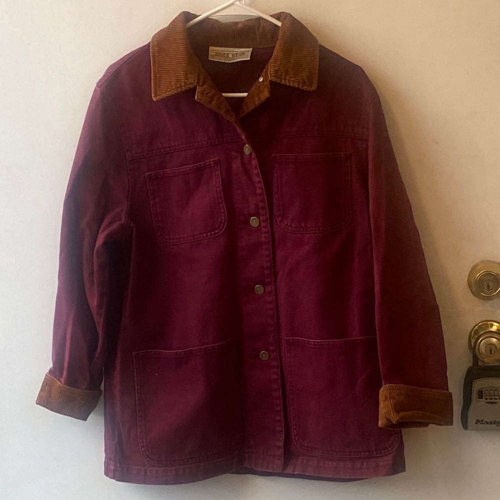 100% cotton Jones Wear Women's Maroon Utility Jacket with Brown Accents